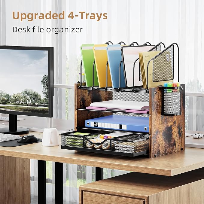 Marbrasse Desk organizer with Drawer, 4-Tier Wooden File Organizer with 5 Vertical File Holders and 2 Pen Holders, Desk Organizers and Accessories for Home Office - Dark Brown - Image 3