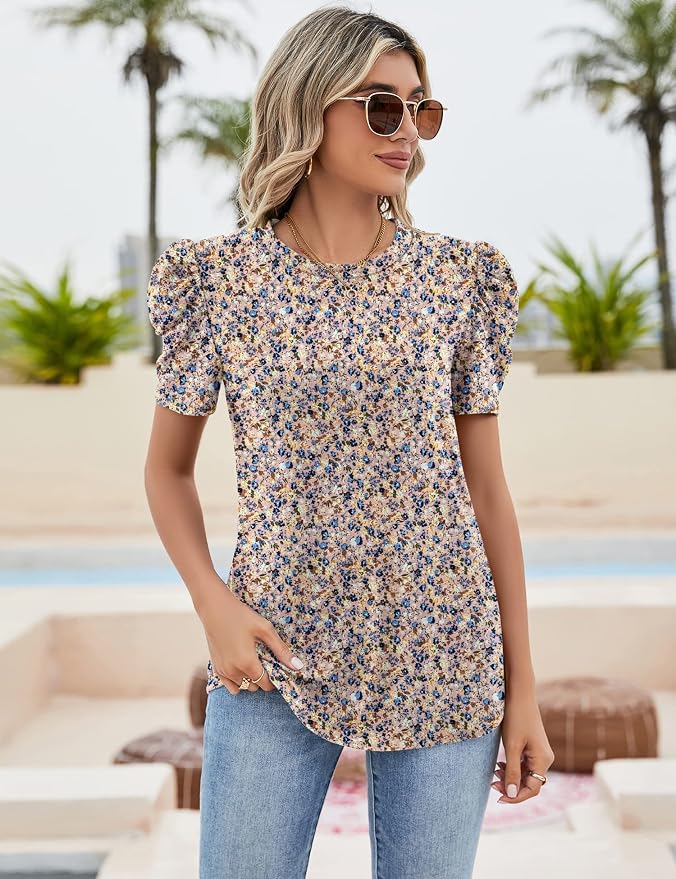Ivicoer Puff Short Sleeve Shirt for Women Eyelet Tops Summer Crewneck Blouse Loose Fit S-XXL - Image 2