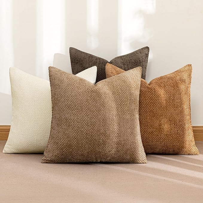 MIULEE Pack of 4 Brown Couch Throw Pillow Covers 18x18 Inch Soft Decorative Chenille Pillows Farmhouse Accent Cushions for Boho Fall Home Decor Sofa Bedroom Living Room - Image 2