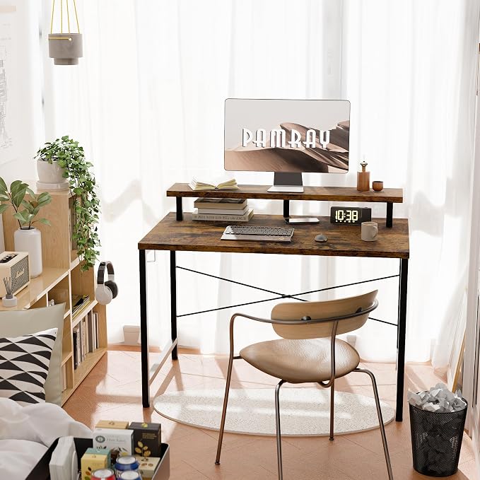 Pamray 32 Inch Small Computer Desk with Monitor Stand, Simple Office Desk with Headphone Hook for Small Spaces, Kids Study Writing Table for Bedroom, Vintage - Image 2