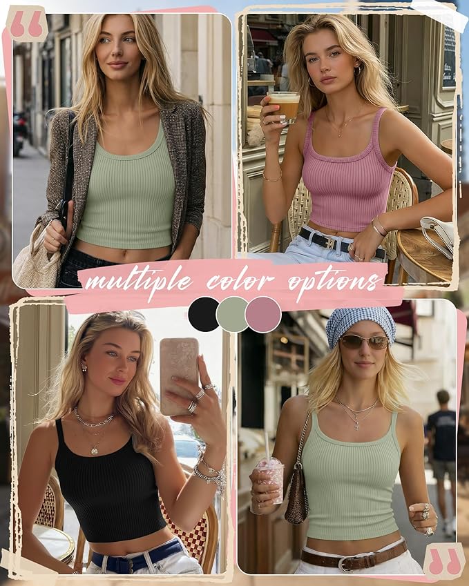 Ficerd 3 Pack Women's Tank Tops 95% Cotton Spaghetti Strap Ribbed Crop Camisole Slim Fitted Basic Summer Sleeveless Layer - Image 2