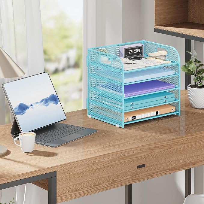 Cawukege 5 Tier Paper Organizer with Handle, Blue Metal Mesh Desk Organizer File Folder Paper Letter Tray Desktop Document Sorter for Classroom, School, Office Accessories Organization and Storage - Image 8