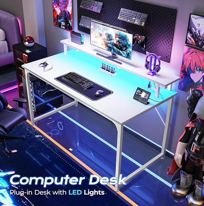 PRAISUN 40 inch Gaming Desk, LED & Power Outlets, Monitor Stand, White | Sturdy PC Desk for Home Office, Study & Work, LED Lights, 4 AC Outlets & USB-C Charging Station - Image 4