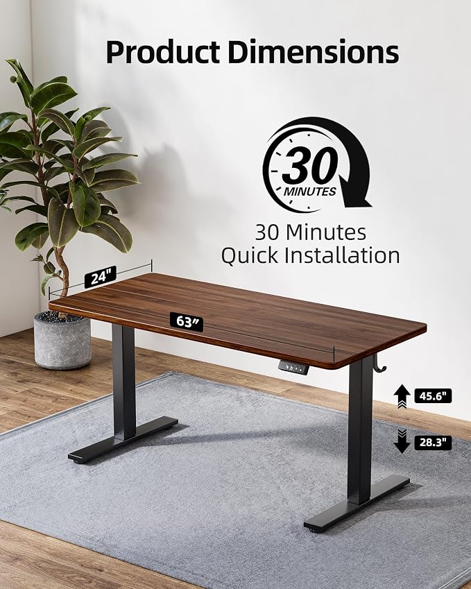 TIQLAB Electric Standing Desk, Adjustable Height Stand up Desk, 63 * 24 Inches Sit Stand Home Office Table with Splice Board, Black Walnut - Image 4