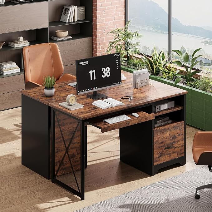 Bestier 47" Computer Desk with Drawers, Home Office Desk with Keyboard Tray, Reversible Industrial Office Desk with Storage Cabinet for Small Space Home Office & Studio, Rustic Brown | Storage Drawer, File Drawer Letter/Legal, Keyboard Tray, Cable Mana... - Image 5
