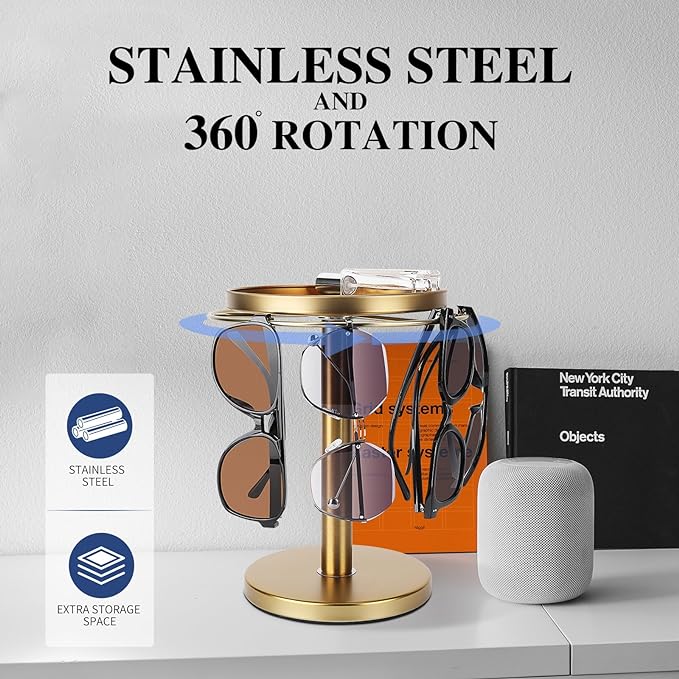 kondyfayo 360° Rotating Sunglass Organizer Storage, Stainless Steel Glasses Holder Stand, Glasses Organizer with Tray for Desk, Dresser, Tabletop, Nightstand and Home Decor (Gold) | Stainless Steel Stand with 360 Rotation Holds 9 to 12 Pairs. Top Tray ... - Image 4