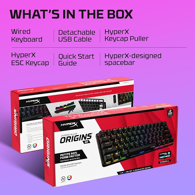HyperX Alloy Origins 60 - Mechanical Gaming Keyboard - Ultra Compact 60% Form Factor - Tactile Aqua Switch - Double Shot PBT Keycaps - RGB LED Backlit - NGENUITY Software Compatible,Black - Image 9
