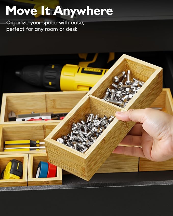 Bamboo Drawer Organizer Set, 6 PCS Desk Drawer Organizer Trays with 12 Compartments, Wood Storage Boxes for Junk Drawer, Kitchen Utensils, Office Supplies, Makeup, Jewelry, Bathroom - Image 5