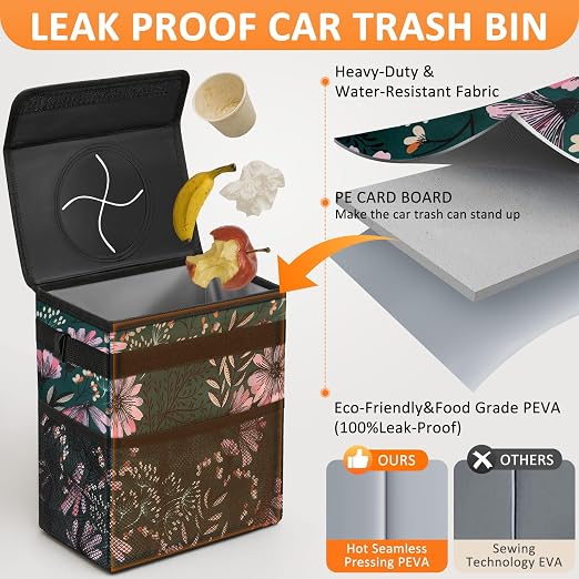 Vankor 3 Gallons Car Trash Can with Lid, Car Trash Bag Bin Hanging Waterproof Automotive Garbage Cans Leak Proof Vehicle Trash Can Navy Floral - Image 3