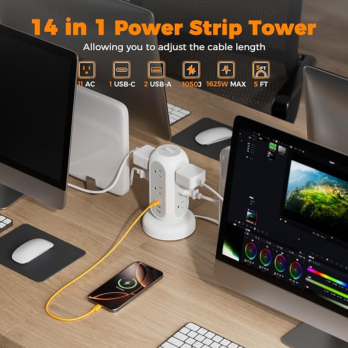 TESSAN Tower Power Strip Flat Plug with 1050J Surge Protection, 5 Ft, Grey | 11 Outlets 3 USB (1 USB C), Surge Protector Power Tower, Retractable Extension Cord with Multiple Outlets for Dorm, Office - Image 3