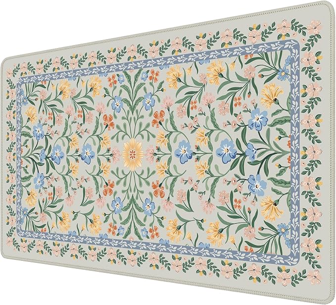 iCasso Aesthetic Flower Mouse Pad,23.6x13.7in, Green Floral | Desk Pad Mat, Desk Matt for Desktop Anti-Slip Mousepad with Stitched Edges for Laptop Computer Keyboard by iCasso