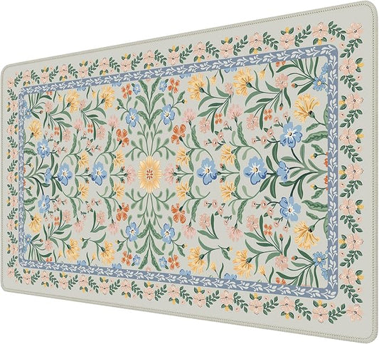 iCasso Aesthetic Flower Mouse Pad,23.6x13.7in, Green Floral | Desk Pad Mat, Desk Matt for Desktop Anti-Slip Mousepad with Stitched Edges for Laptop Computer Keyboard by iCasso