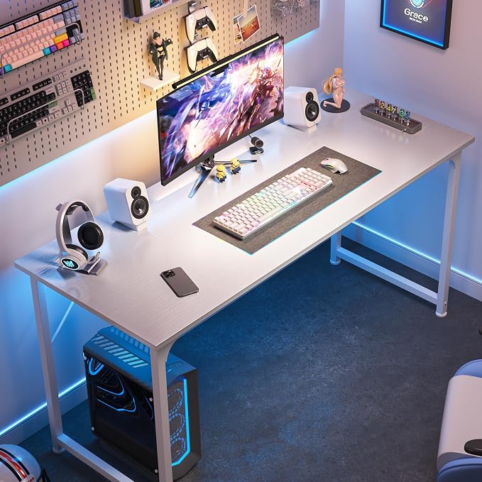 Huuger Computer Desk, 55 Inch Home Office Desk, Gaming Writing Work from Home Study Desk, Large Legroom, Sturdy Metal Frame, Modern Simple, White - Image 4