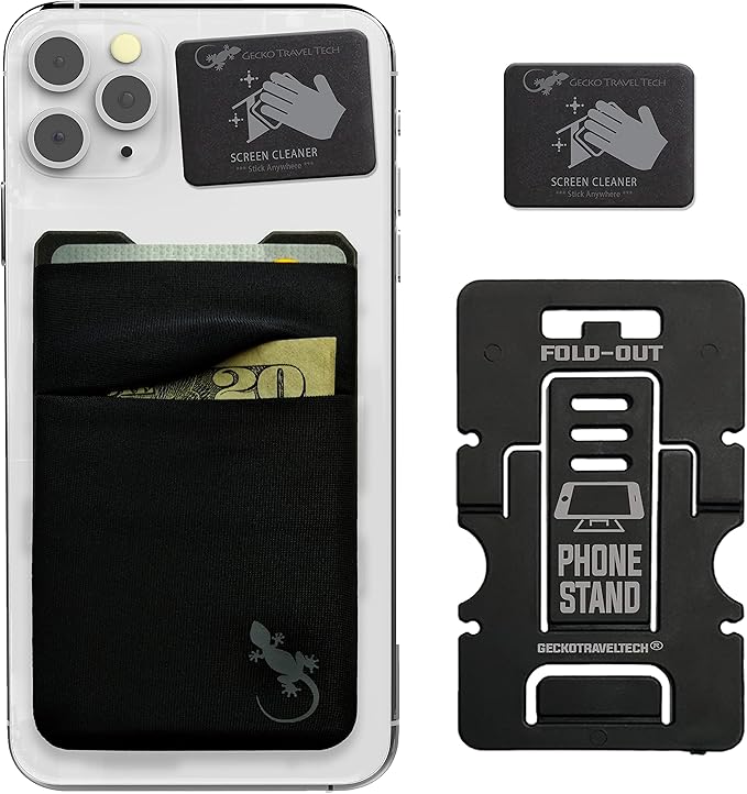 Gecko Travel Tech Mobile Phone Double Pocket Wallet Stick on with Stand - Cellphone Accessories case - Phone Card Holder with Stick on - (Black-Gray) by GeckoTravelTech