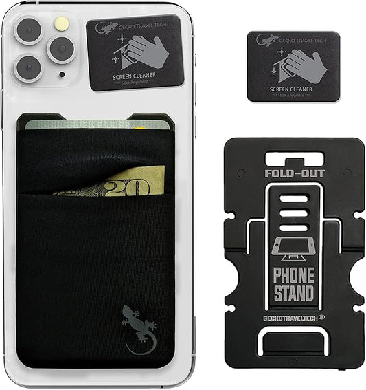 Gecko Travel Tech Mobile Phone Double Pocket Wallet Stick on with Stand - Cellphone Accessories case - Phone Card Holder with Stick on - (Black-Gray) by GeckoTravelTech