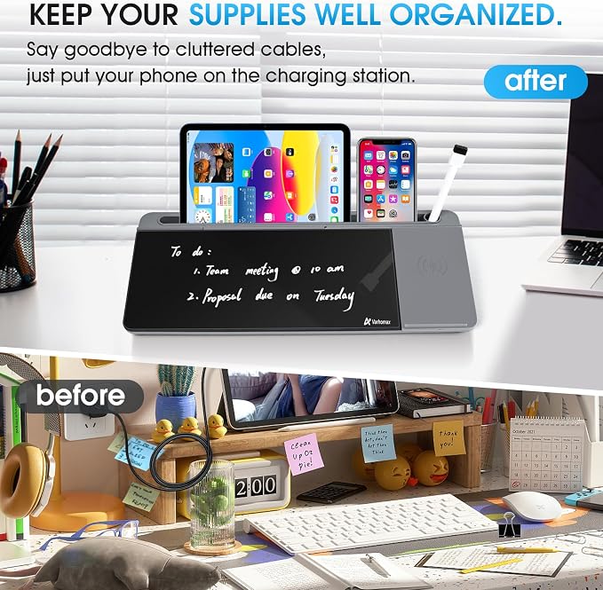 Varhomax Glass Desk Whiteboard with Wireless Charger, Desktop Organizer Dry Erase White Board with Storage, to Do List Memo Notepad for Home Office and School Supplies (Gray & Black) - Image 4