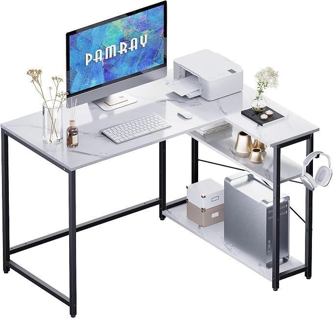 Pamray 43 Inch L Shaped Computer Desk with Reversible Side Storage Shelves, Small Corner Desk for Small Space Home Office,Writing Study Table PC Desk for Bedroom,White Marble by PAMRAY
