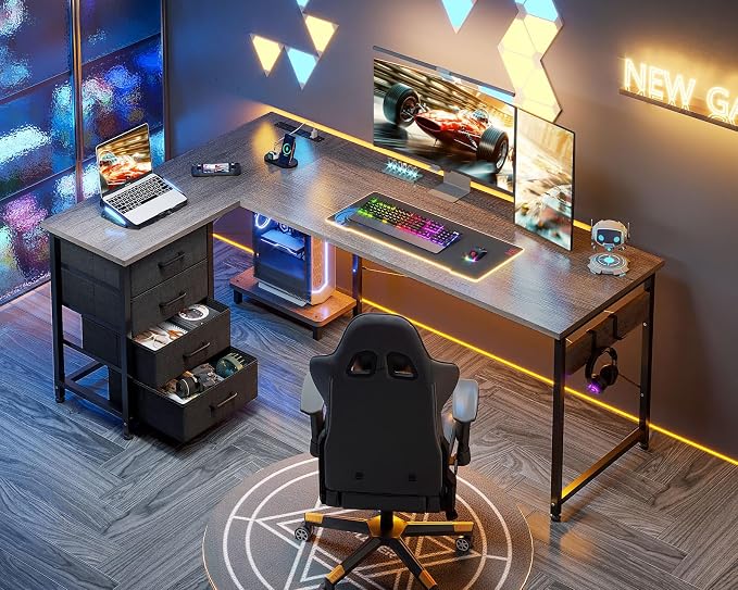 AODK 61" L Shaped Gaming Desk with 4 Drawers and Power Outlets, Grey | USB Ports, PC Tower Stand, Hooks, Reversible Corner Layout for Gaming Rooms, Bedrooms and Home Office - Image 9