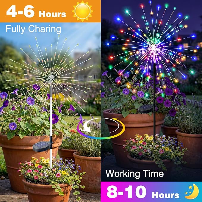 btfarm 6 Pack Solar Garden Lights Outdoor, 8 Modes Firework Lights Solar Powered, Waterproof Twinkle Fairy Light Outside for Yard Patio Pathway Pool Christmas Party Decorative, Multicolor - Image 7
