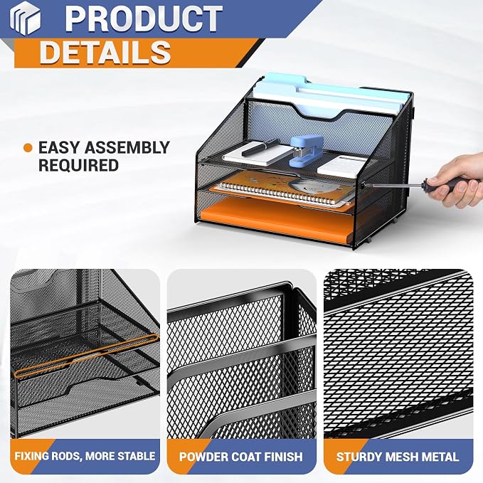 GAWERK Letter Tray Organizer, Mesh Desk File Organizer with 3 Paper Trays and 2 Vertical Upright Section (Purple) - Image 3