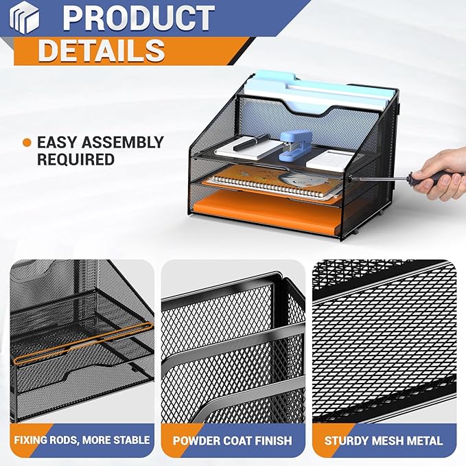 GAWERK Letter Tray Organizer, Mesh Desk File Organizer with 3 Paper Trays and 2 Vertical Upright Section (Blue) - Image 3