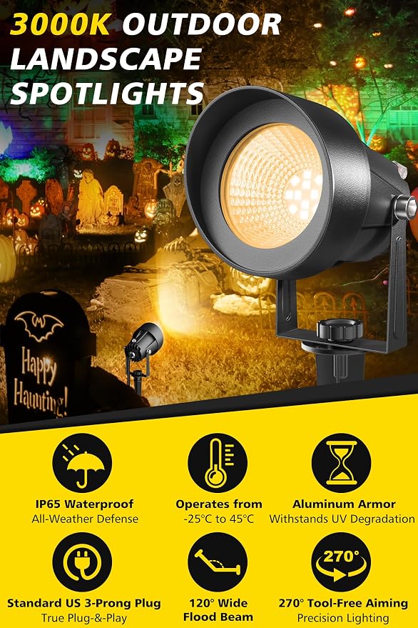T-SUN Dusk to Dawn Outdoor Lighting, Flag Spot Lights with Photocell Auto On/Off, Waterproof 3000K Warm White LED Plug-in Landscape Spotlights for Garden Yard Tree Pathway Pole House - Image 2