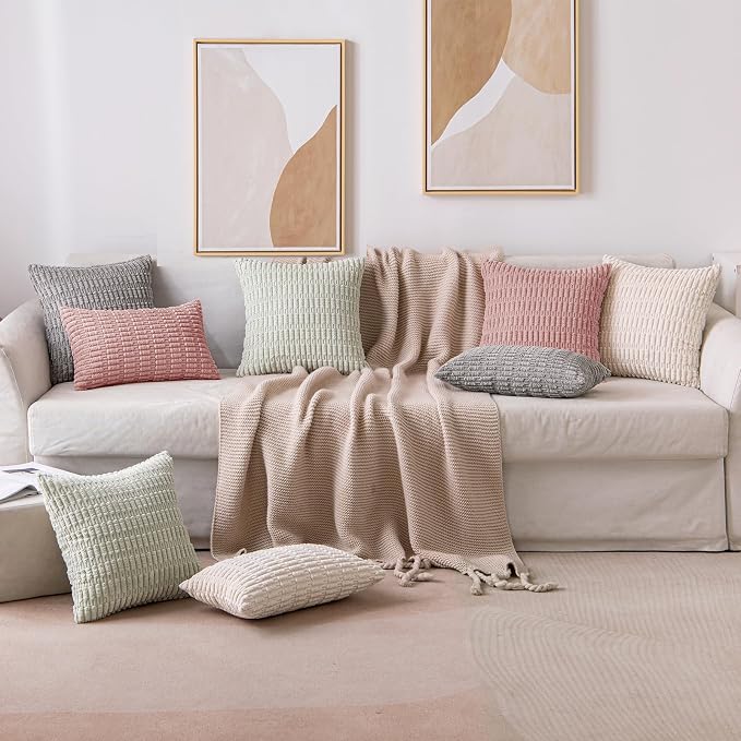 MIULEE Pack of 2 Corduroy Decorative Throw Pillow Covers 18x18 Inch Soft Boho Striped Pillow Covers Modern Farmhouse Home Decor for Sofa Living Room Couch Bed Blush Pink Spring Valentine Decor - Image 4