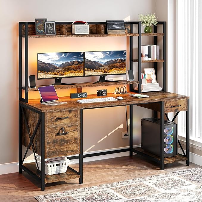 DWVO Computer Desk with Drawers & Hutch, 59.1" Office Desk with Power Outlets & LED Lights, Home Office Desk with Storage Shelves, Rustic Brown | Built-In Power Outlets, Led Lights, Hutch Shelves, Storage Drawers, for Home Office Work Study, Easy Assembly by DWVO