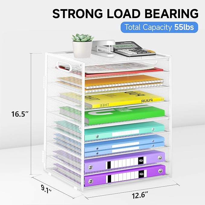 Cawukege 9 Tier Paper Organizer with Handle, White Large Capacity Desk Organizer Mesh File Folder Letter Paper Tray Desktop Document Sorter for Classroom, School, and Office Accessories Organization - Image 6
