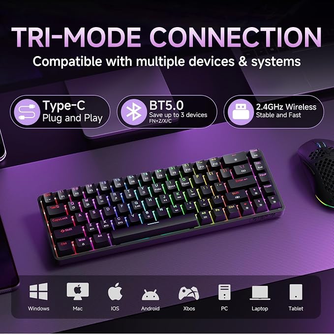 DIERYA DK68 60% Wireless Mechanical Gaming Keyboard, 3-Mode, Bluetooth 5.0/2.4G/USB-C, RGB Backlit, 68-Key Compact Mini for Windows, Mac, Linux - Linear Red Switch - Black - Image 2