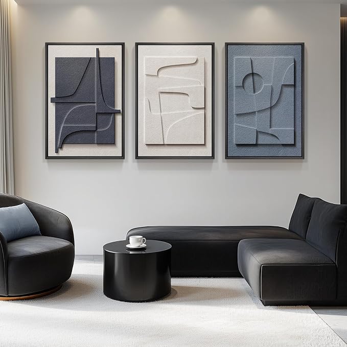Large 3D Textured Framed Blue and White Abstract Wall Art for Living Room, 3 Piece Modern Artwork for Walls, Minimalist Navy Blue Geometric Paintings for Hallway, Stair, Office Wall Decor 24x36 In - Image 3