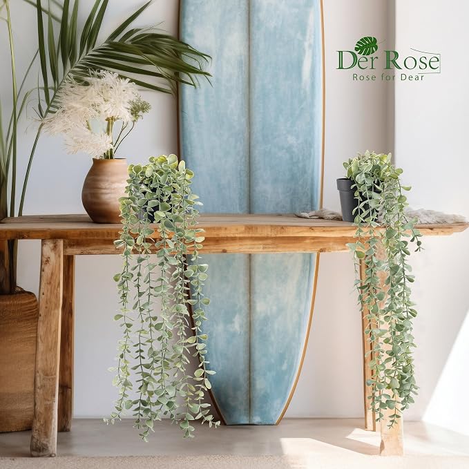 Der Rose 3Pcs Fake Plants Hanging Artificial Decor Faux Potted Eucalyptus Plants for Boho Bathroom Home Office Desk Wall Shelf Bookcase Accessories Decor Indoor - Image 6