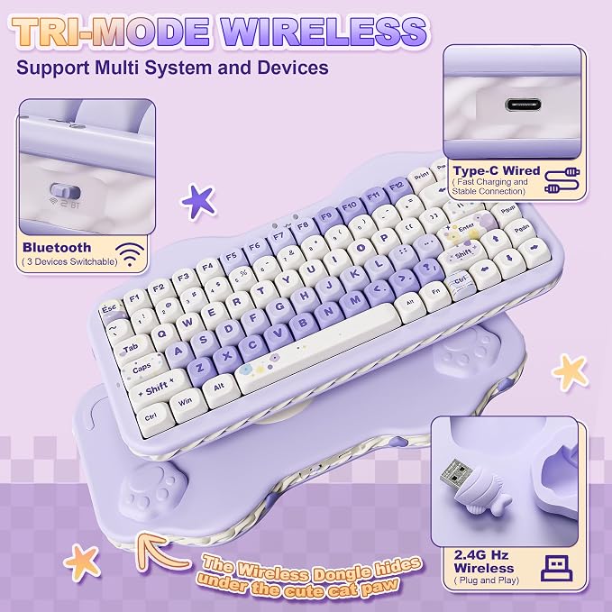 YUNZII C75 Cute 75% Wireless Mechanical Keyboard (Purple, Candy Switch) | Creamy Cake Keyboard, BT5.0/2.4G/USB-C, Hot-Swap, NKRO, PBT MOA Keycaps,5500mAh RGB Gasket Mount for Mac/Win/Gaming/Office - Image 3