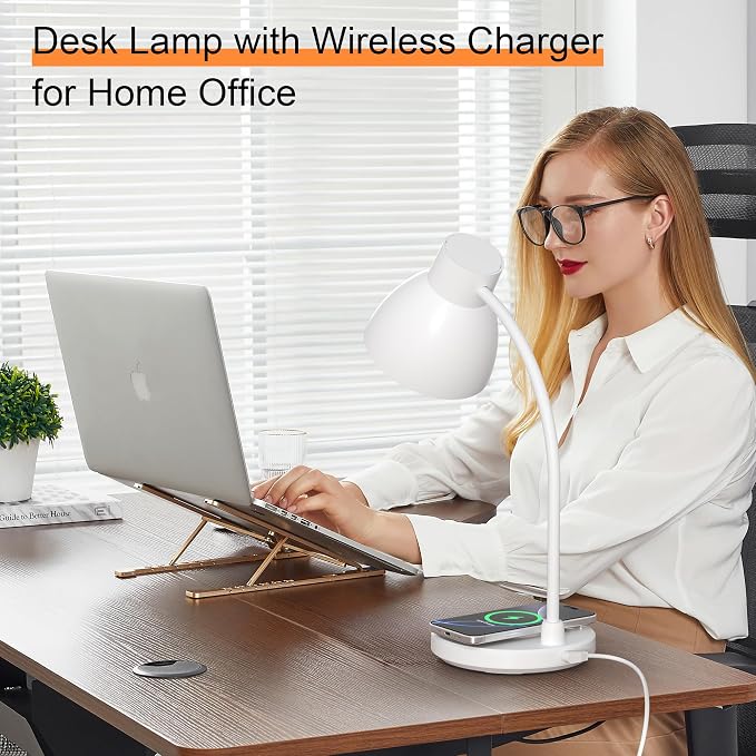 LED Desk Lamp for Home Office with Wireless Charger, White | 3 Color Modes Dimmable Eye-Caring Study Reading Dorm Desk Lamp, 360° Flexible Arm Table Lamp for College Dorm Room, 800 Lumen - Image 6