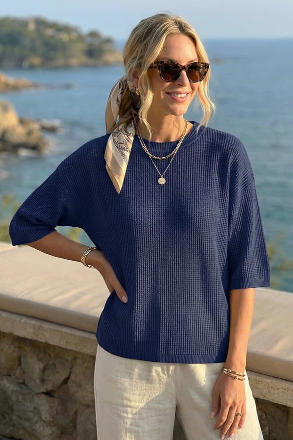 Arach&Cloz Womens Summer 100% Cotton Oversized Crochet Tops 3/4 Length Sleeve Sweater Hollow Out Casual Blouses 2026 - Image 4
