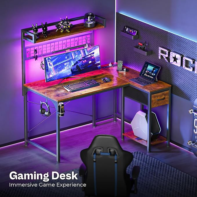 PRAISUN L Shaped Gaming Desk with Shelves, Corner Computer Table with LED Lights, Power Outlets and USB-C Ports, 42 Inch Reversible Home Office Desk with Storage Drawer, Work and Study, Rustic Brown - Image 9