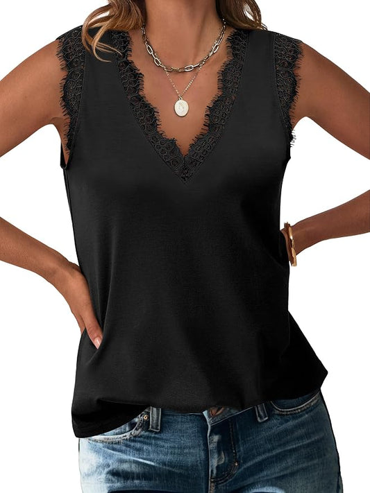 ANRABESS Womens Lace Trim Tank Tops V Neck Sleeveless Shirts 2026 Summer Casual Trendy Dressy Cami Top by ANRABESS