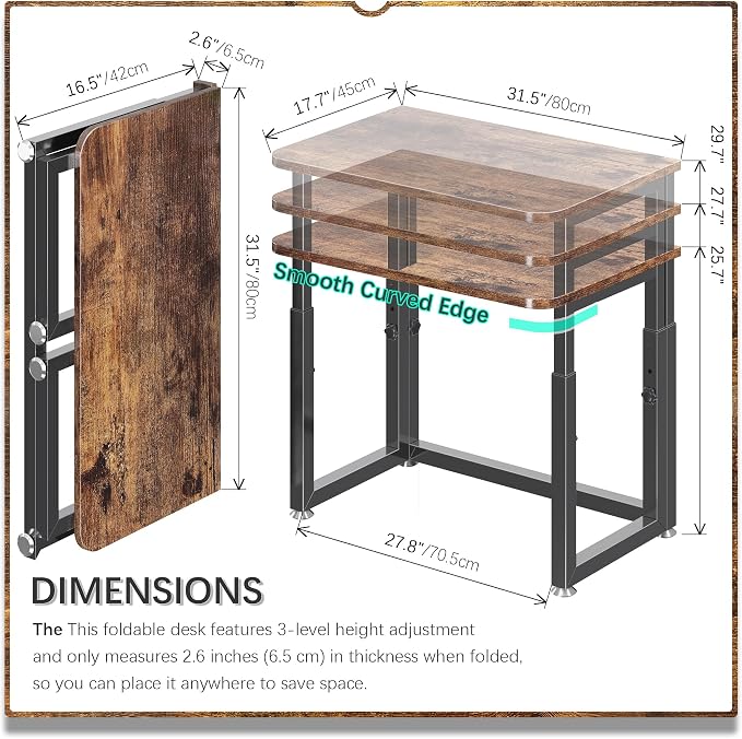 4NM No Tool Assembly 31.5" Small Desk, Folding Portable Desk with Wheels, Adjustable Height Foldable Computer Home Office Desks, Collapsible Study Writing Table for Space Saving Bedroom - Rustic Brown - Image 2
