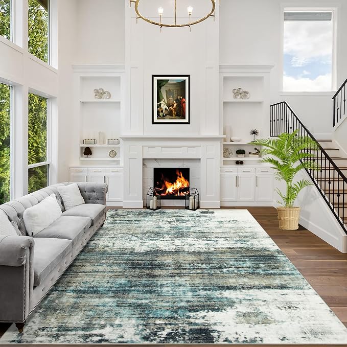 8x10 Area Rugs Washable Rug: Large Modern Abstract Living Room Rug Soft Anti-Skid Thin Carpet Indoor Floor Non-Shedding Carpets for Bedroom Dining Room Farmhouse Nursery Home Office Green Multi by GENTDRIZZ