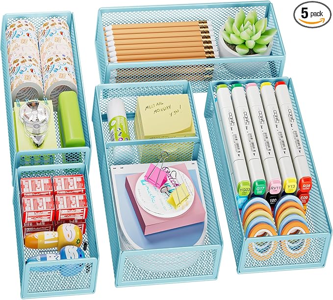 Marbrasse 5 Pack Desk Drawer Organizer Set, Mesh Drawer Storage Trays with 1 Adjustable Divider, Desk Organizers and Accessories, 5 PCS Drawer for Office Supplies, Makeup & Vanity (Blue) by Marbrasse
