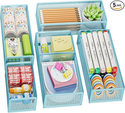 Marbrasse 5 Pack Desk Drawer Organizer Set, Mesh Drawer Storage Trays with 1 Adjustable Divider, Desk Organizers and Accessories, 5 PCS Drawer for Office Supplies, Makeup & Vanity (Blue) by Marbrasse