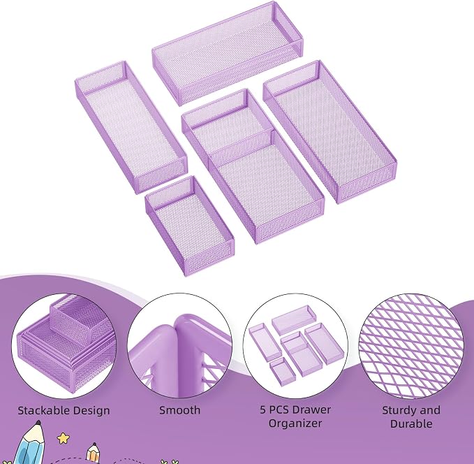 Marbrasse 5 Pack Desk Drawer Organizer Set, Mesh Drawer Storage Trays with 1 Adjustable Divider, Desk Organizers and Accessories, 5 PCS Drawer for Office Supplies, Makeup & Vanity (Purple) - Image 5