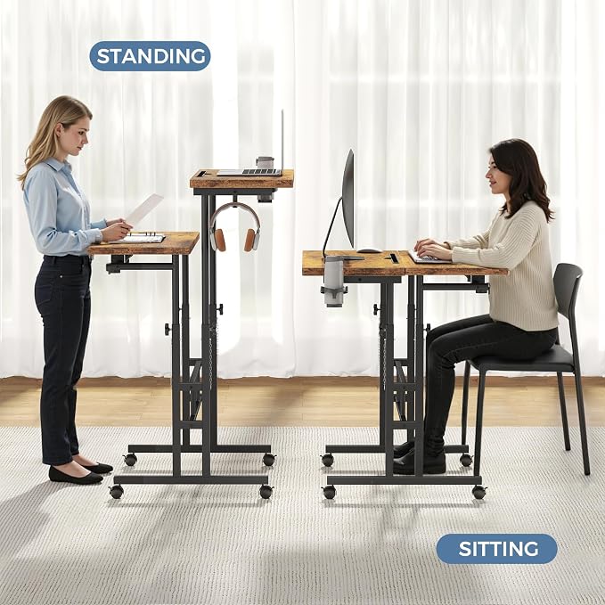 DUMOS Rolling Standing Desk, Sit Stand Desk, Computer Cart | 23.6 Inch Width, Height Adjustable, Split Top, Mobile Laptop Workstation, Office Table, Portable Design, Rustic Brown - Image 6