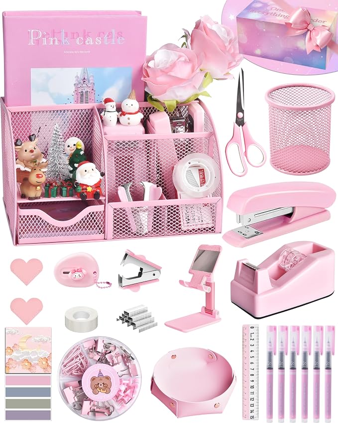 Pink Desk Accessories, 24Pcs Pink Office Supplies and Desk Organizers, with Tape Dispenser, Stapler, Staple Remover, Ect, Gift Box Packaging by StyleYourDeskinOneColor