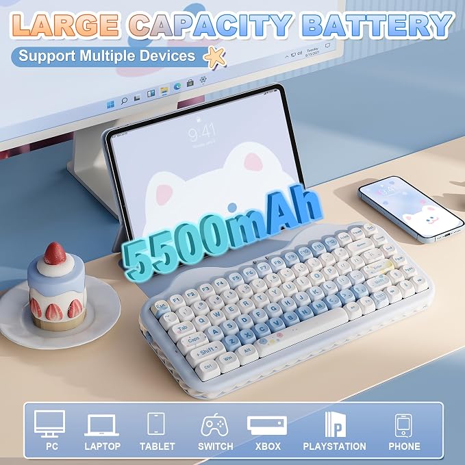 YUNZII C75 Cute 75% Wireless Mechanical Keyboard (Blue, Candy Switch) | Creamy Cake Keyboard, BT5.0/2.4G/USB-C, Hot-Swap, NKRO, PBT MOA Keycaps,5500mAh RGB Gasket Mount for Mac/Win/Gaming/Office - Image 6