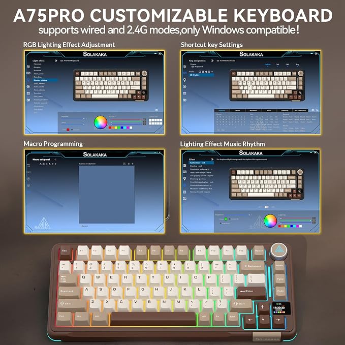 SOLAKAKA A75 PRO 75% Wireless Mechanical Keyboard with Screen and Knob, Tri-Mode Hot Swappable Gaming Keyboard, RGB Backlit Gasket Creamy Pre-lubed PBT Computer Keyboard for PC/Mac/Win,Brown - Image 7