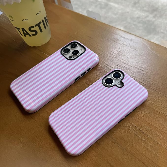 for iPhone 15 Pro Case Striped Cute Aesthetics Phone Case Trendy Protective Shockproof Cover for iPhone 15 Pro Pink White - Image 3