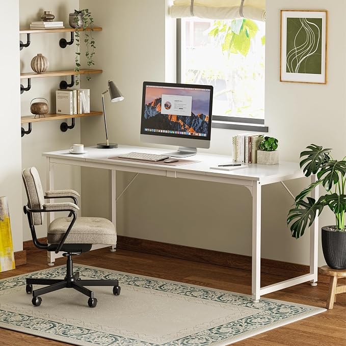 Huuger Computer Desk, 70 Inch Office Desk, Gaming Desk with Storage, Writing Desk Work Desk for Home Office, Study, Long Simple Desk, Large Legroom, Metal Frame, White - Image 7