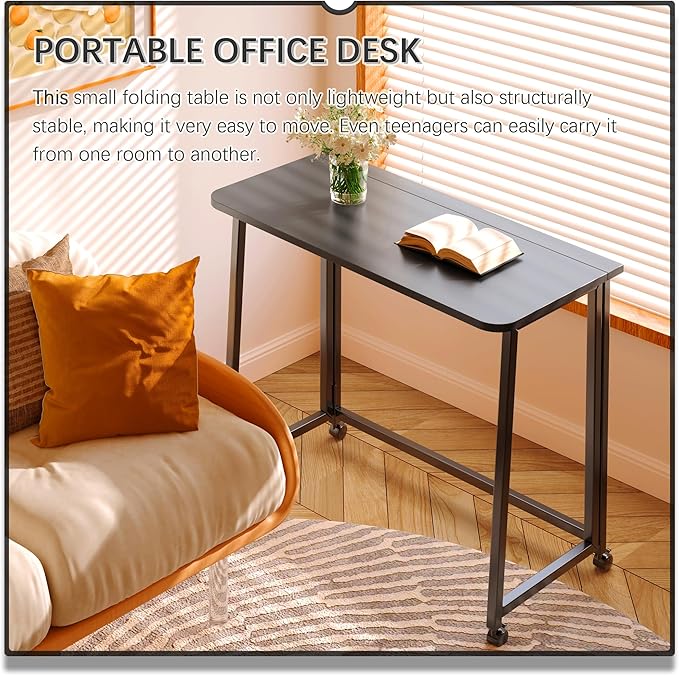 4NM 31.5" Mobile Small Folding Desk, Foldable Rolling Computer Home Office Desk, Study Writing Table for Small Space Saving Bedroom, with Wheels - All Black - Image 4
