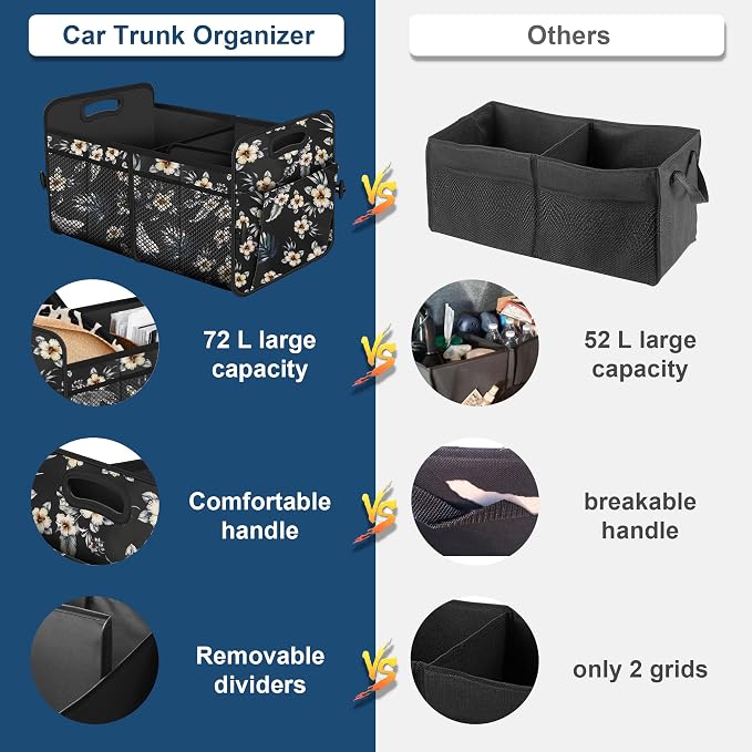 Femuar Car Trunk Organizer,Car Storage Organizer with 72L Large Capacity Waterproof Collapsible and 11 Pockets,Trunk Organizer for Car Suv/Jeep/Sedan, Large Size, Hibiscus flowers - Image 2